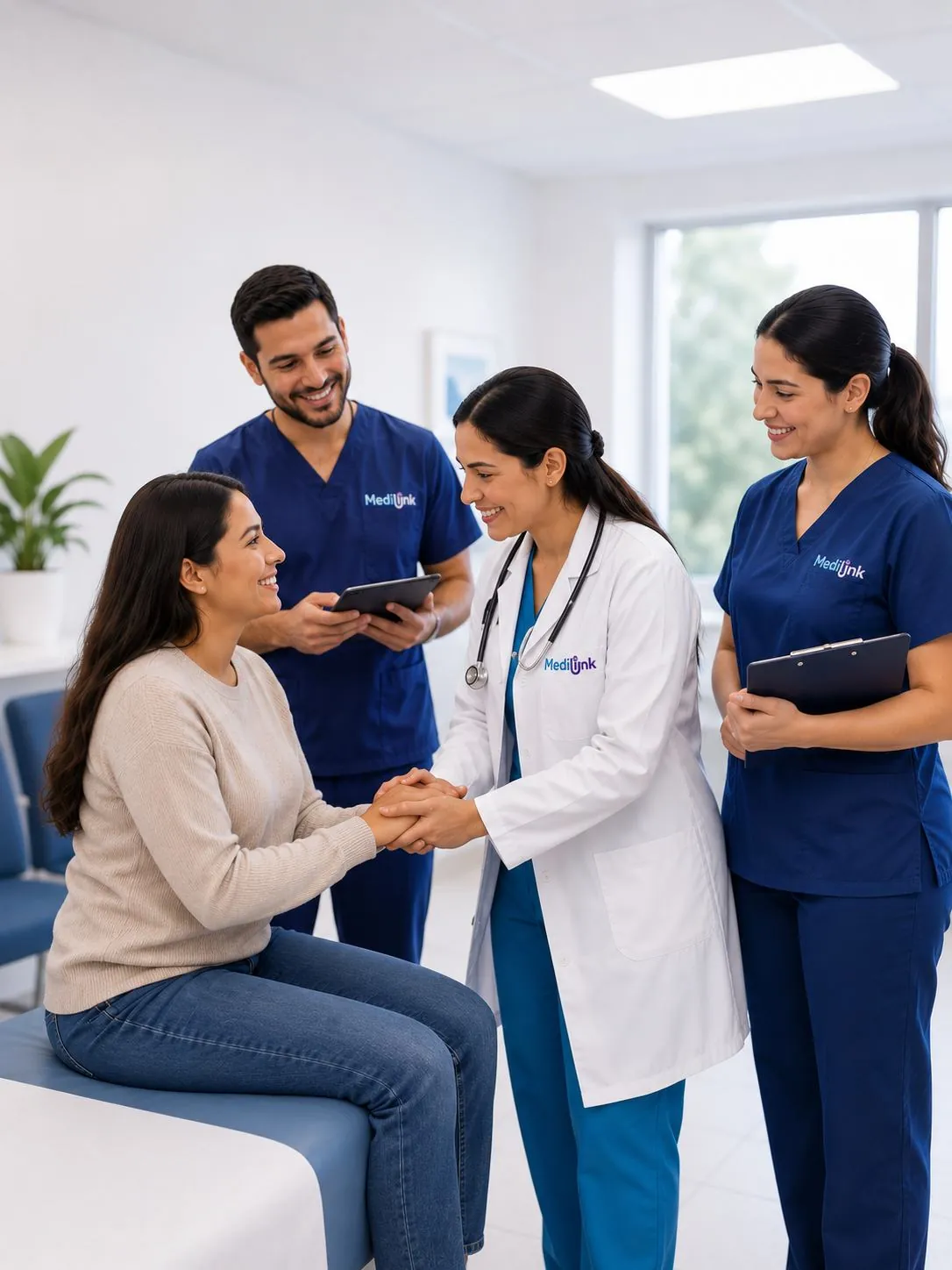 Doctora de MediLink DR atendiendo a una paciente junto a su equipo
