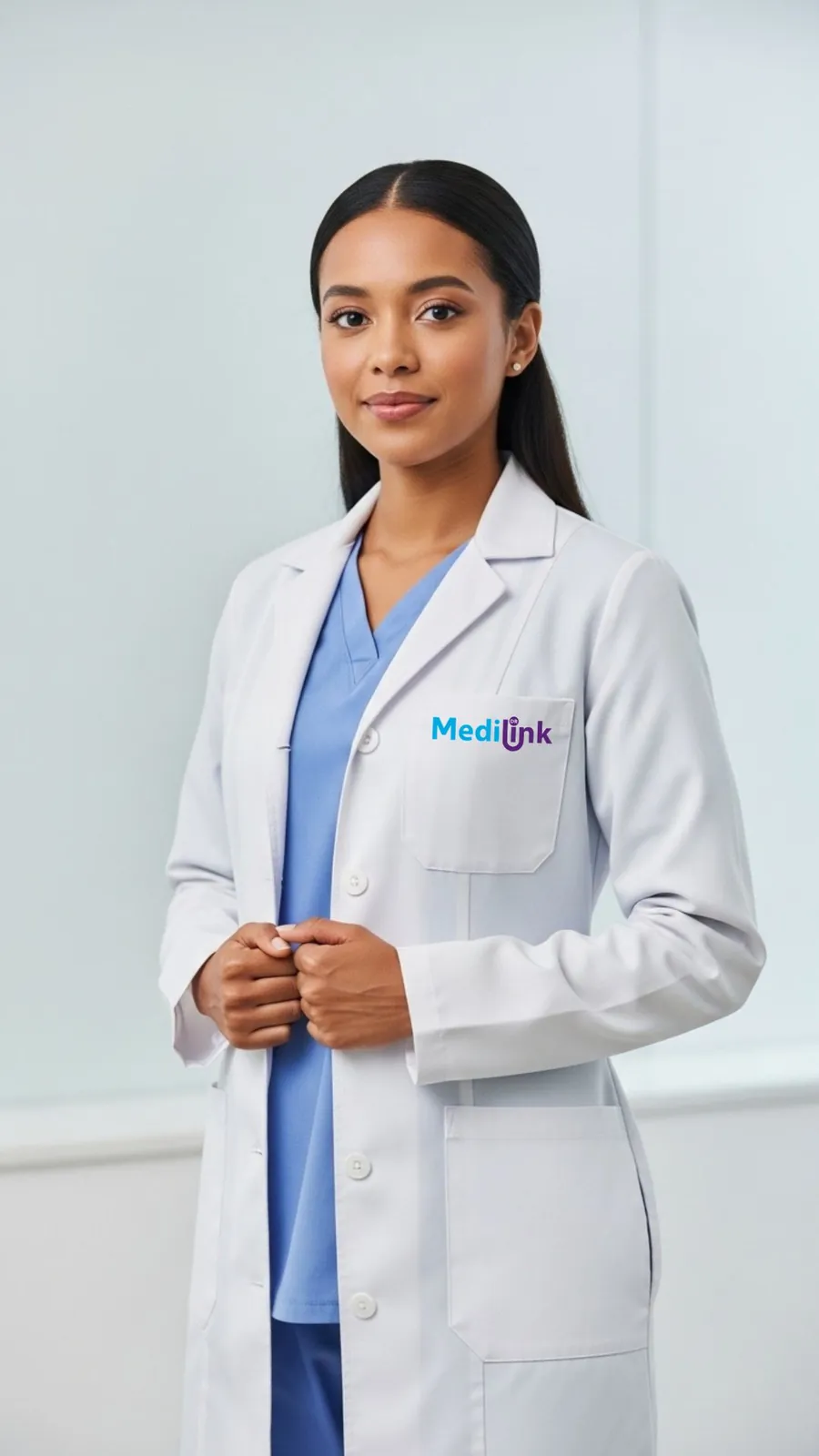 Doctora de MediLink DR con bata blanca, sonriendo en el consultorio